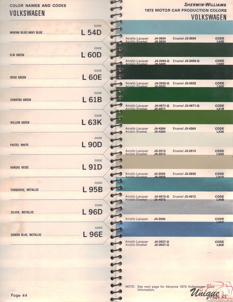 1973 Volkswagen Paint Charts Williams 2